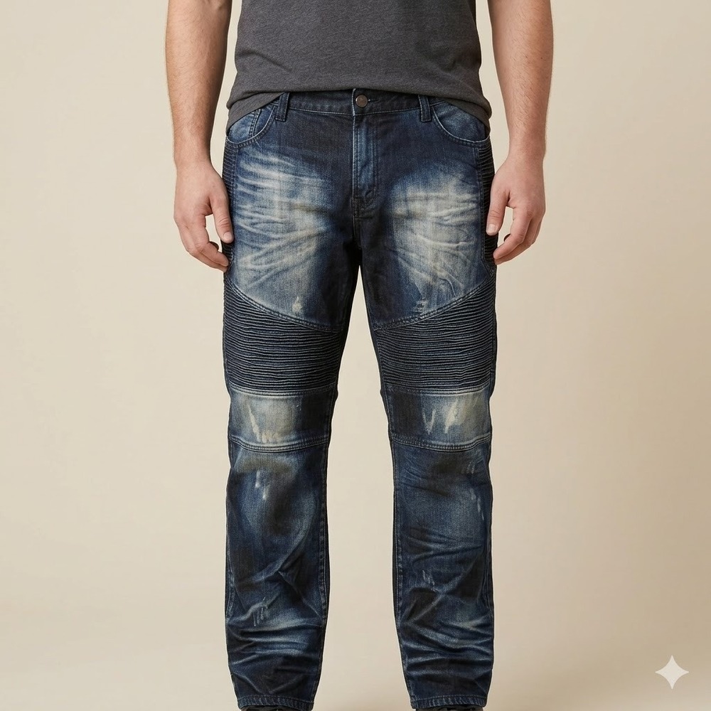 Grindhouse Denim Moto Biker Distressed Relaxed Fit‎ Jeans 44 Dark Wash